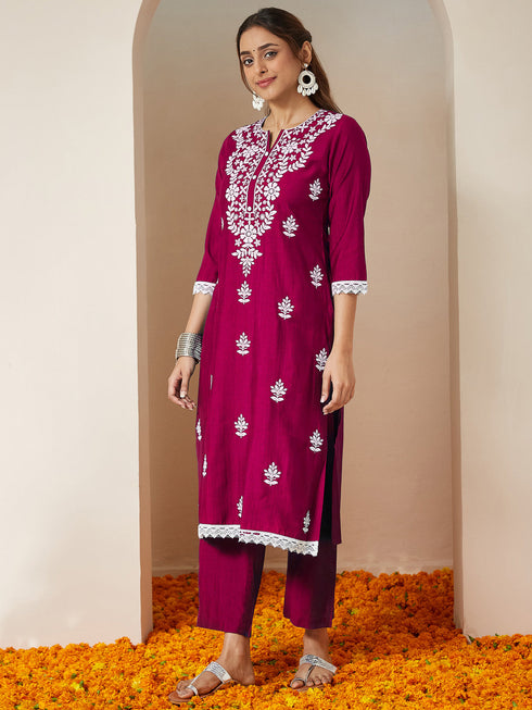 Janasya Women's Pink Silk Blend Embroidered Straight Kurta Set With Dupatta